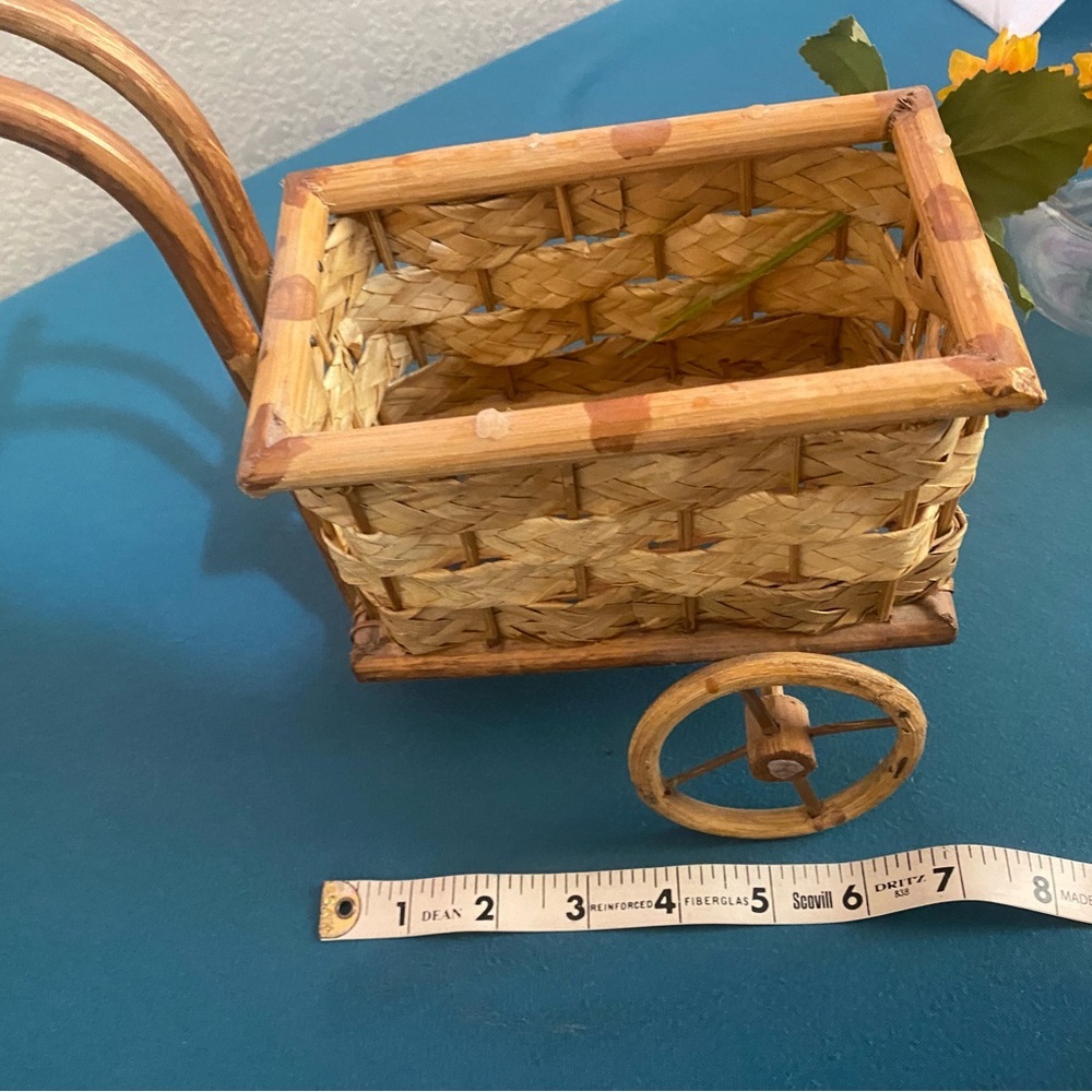 Vintage Boho Rattan & Wicker Cart Miniature Wicker Trolley Basket Sunflower 1970 - Picture 4 of 5